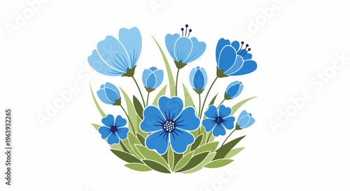 A stylized cluster of blue flowers with green leaves on a white background