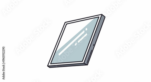 A tilted, rectangular digital tablet with a light blue screen reflecting light