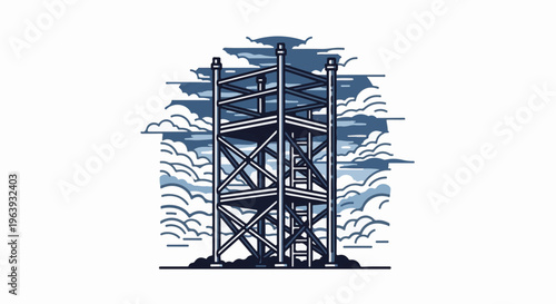 A towering metal structure with crisscrossing beams against a cloudy sky