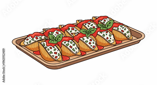A tray of stuffed pasta shells with tomato sauce and basil garnish