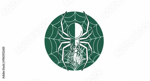 A stylized spider web with a spider and caught insect in green and white