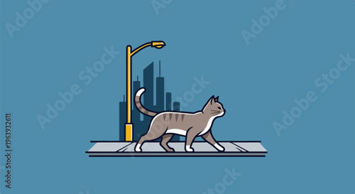 A stylized tabby cat walks across a sidewalk in front of city buildings