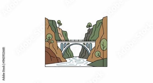 A stylized arched bridge spans a gorge with a river and trees
