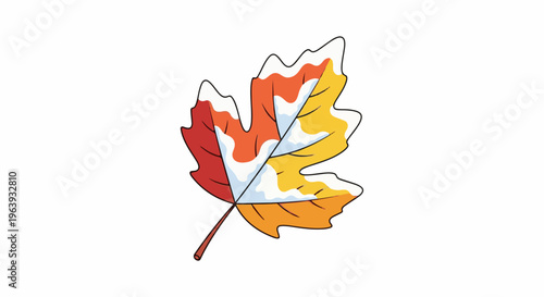 A stylized maple leaf with autumn colors and white snow accents