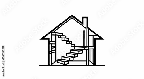 A stylized line drawing of a house cross-section with a winding staircase