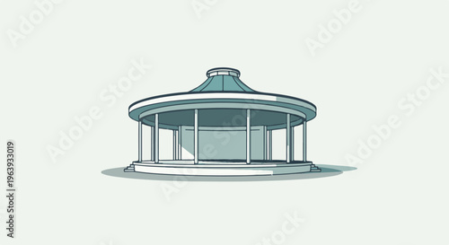 A stylized, minimalist drawing of a circular pavilion with a tiered roof.