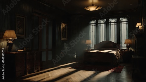 Spacious Empty Bedroom with Long Shadows and Warm Lighting at Sunset