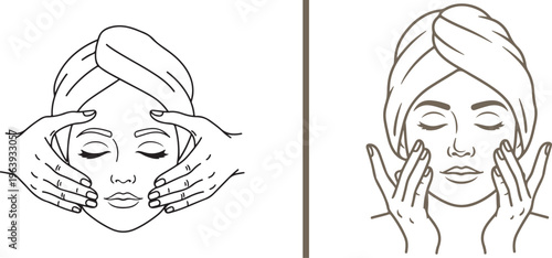 Elegant line art vector of a woman enjoying a facial massage. Featuring a calm face and head towel, this design is perfect for spa, beauty salon, and professional skincare branding.