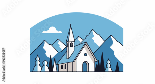 A stylized mountain church scene with snow-capped peaks and trees