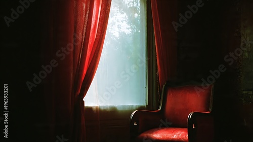 Crimson Velvet Chair Beneath Gloomy Window with Dusty Curtaints