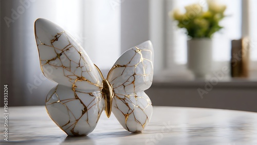 Glossy White Porcelain Butterfly Figurine with Intricate Gold Detailing
