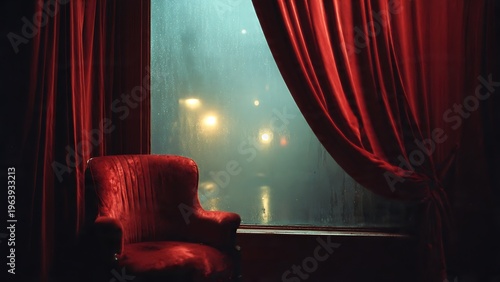 Gloomy Atmosphere with Dusty Velvet Curtains and a Crimson Armchair by Window