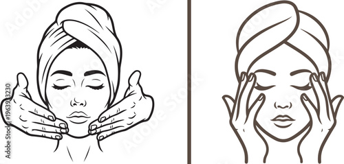 Minimalist line art vector of a woman receiving a relaxing facial massage. Features a calm female character with a head towel, ideal for spa, beauty, wellness, and skincare branding.