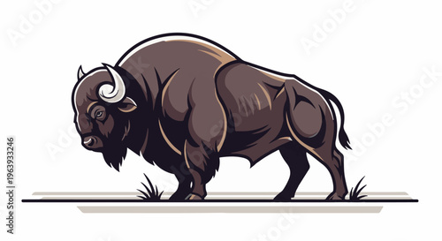A stylized, muscular bison with a thick mane, facing left on a light grey ground