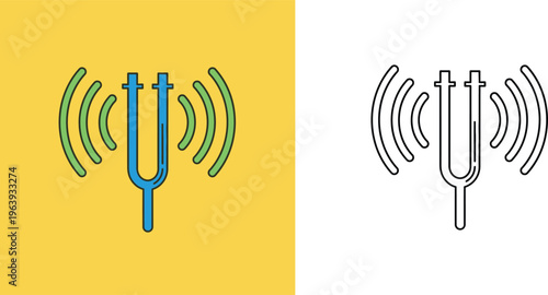 Tuning Fork with Sound Waves Illustration in Colored and Outline Styles for Physics Education Music Resonance and Acoustic Science Demonstration