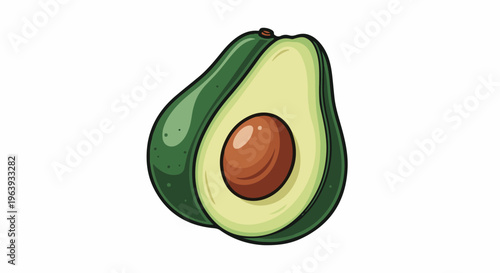 A vibrant green avocado, cut in half, revealing its creamy flesh and large brown pit