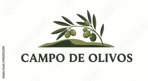 A stylized olive branch laden with olives rests atop rolling green hills, below bold text