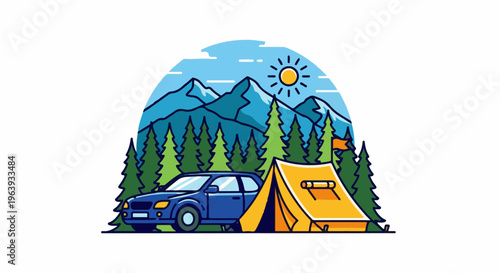 A stylized outdoor scene with a car and tent under mountains