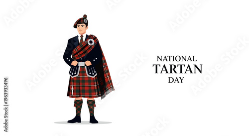 Illustration of a man in traditional Scottish Highland dress celebrating National Tartan Day with a bagpipe, against a clean white background.