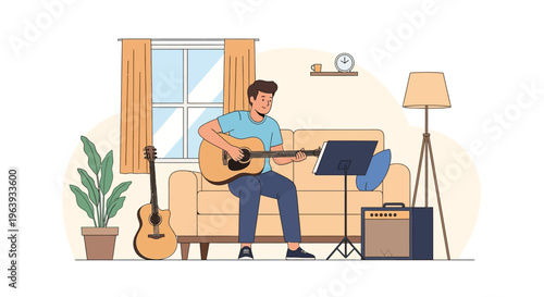 Young Man Playing Acoustic Guitar in Cozy Living Room Vector Illustration - Musician Practicing at Home with Music Stand and Amplifier