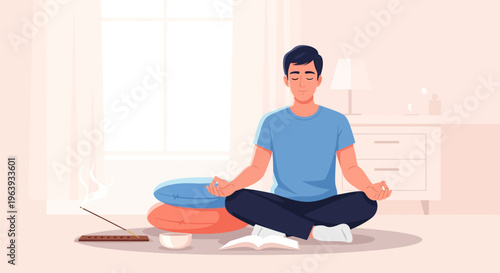 Vector Illustration of a Young Man Meditating in a Peaceful Home Interior for Mental Health and Wellness