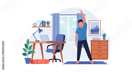 Man Stretching and Exercising in Home Office Illustration - Healthy Lifestyle and Remote Work Balance Concept