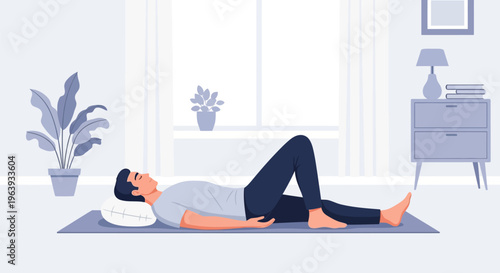 Man Relaxing on Yoga Mat at Home - Flat Illustration of Male Practicing Mindfulness, Meditation, and Physical Therapy Exercises in Bright Minimalist Room