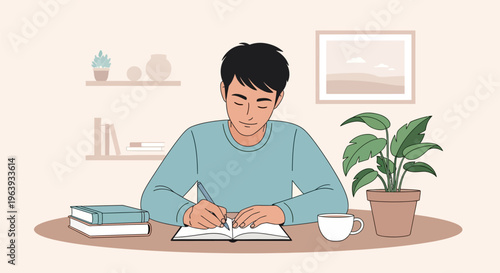 Young Man Writing in Notebook at Home Office Desk Flat Vector Illustration