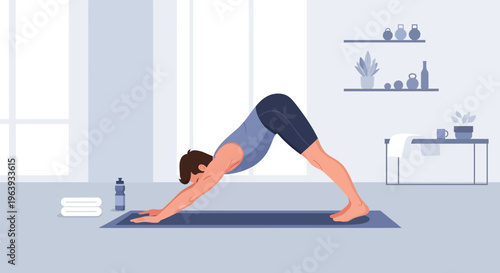 Man Practicing Downward Facing Dog Yoga Pose at Home, Flat Vector Illustration of Male Character Doing Fitness Exercises and Stretching on a Mat in a Bright Modern Studio