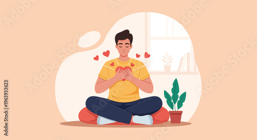 Self-Love and Mental Wellness Concept: Man Meditating with Heart Over Chest Vector Illustration