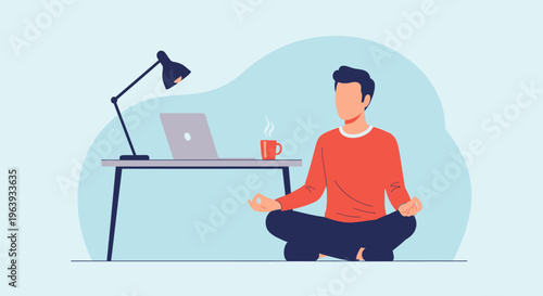 Man Meditating at Workspace for Work-Life Balance and Stress Management Vector Illustration
