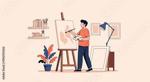 Male Artist Painting on Canvas in Modern Art Studio Illustration - Creative Hobby and Professional Workspace Concept