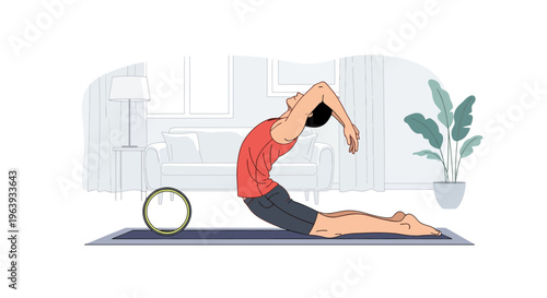 Man Practicing Yoga with Wheel at Home Illustration for Wellness and Fitness