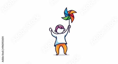 A stylized person holds a vibrant, multi-colored pinwheel up high