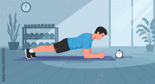 Man Performing Forearm Plank Exercise at Home Gym Vector Illustration