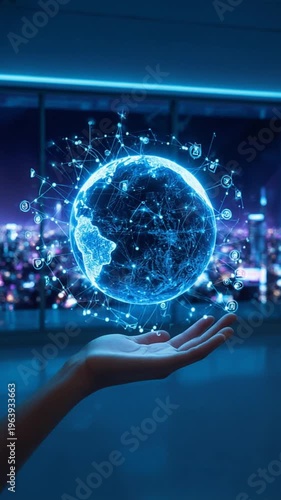 Hand holding glowing digital earth technology.