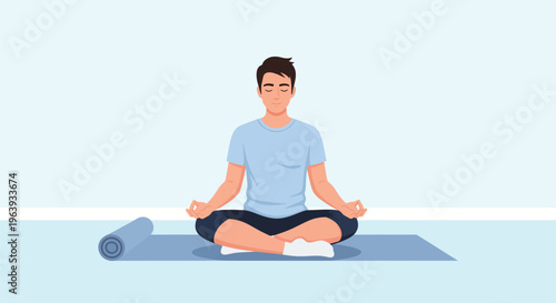 Young Man Meditating in Lotus Pose on Yoga Mat, Mindfulness and Mental Wellness Vector Illustration