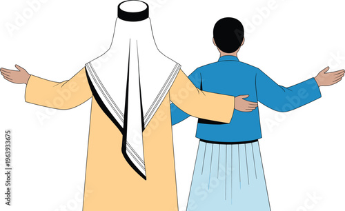 Arab man and Muslim boy standing together with arms open, friendship and unity concept, traditional clothing illustration, cultural diversity and support theme