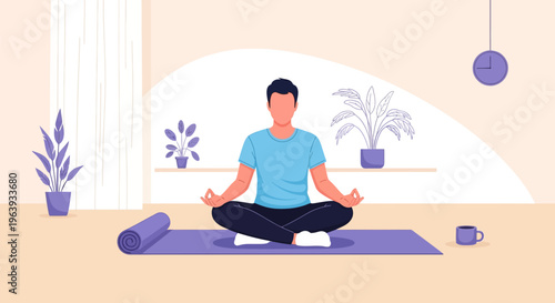 Flat Vector Illustration of a Young Man Practicing Meditation and Yoga in Lotus Pose at Home for Wellness, Mental Health, and Mindfulness Concept