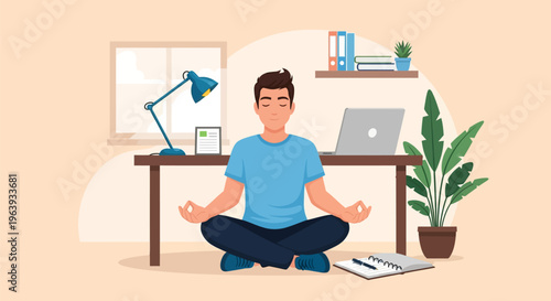 Man Meditating in Home Office for Work-Life Balance and Stress Relief Vector Illustration