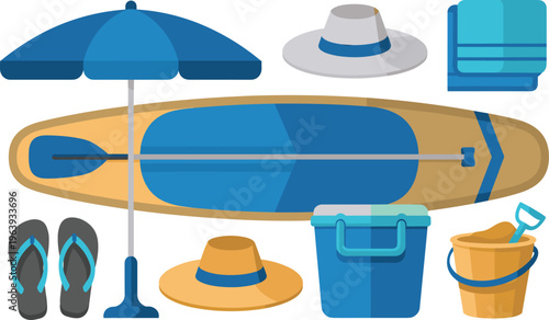 Beach summer accessories set with surfboard, umbrella, hat, flip flops, cooler and sand bucket, seaside vacation flat vector illustration collection