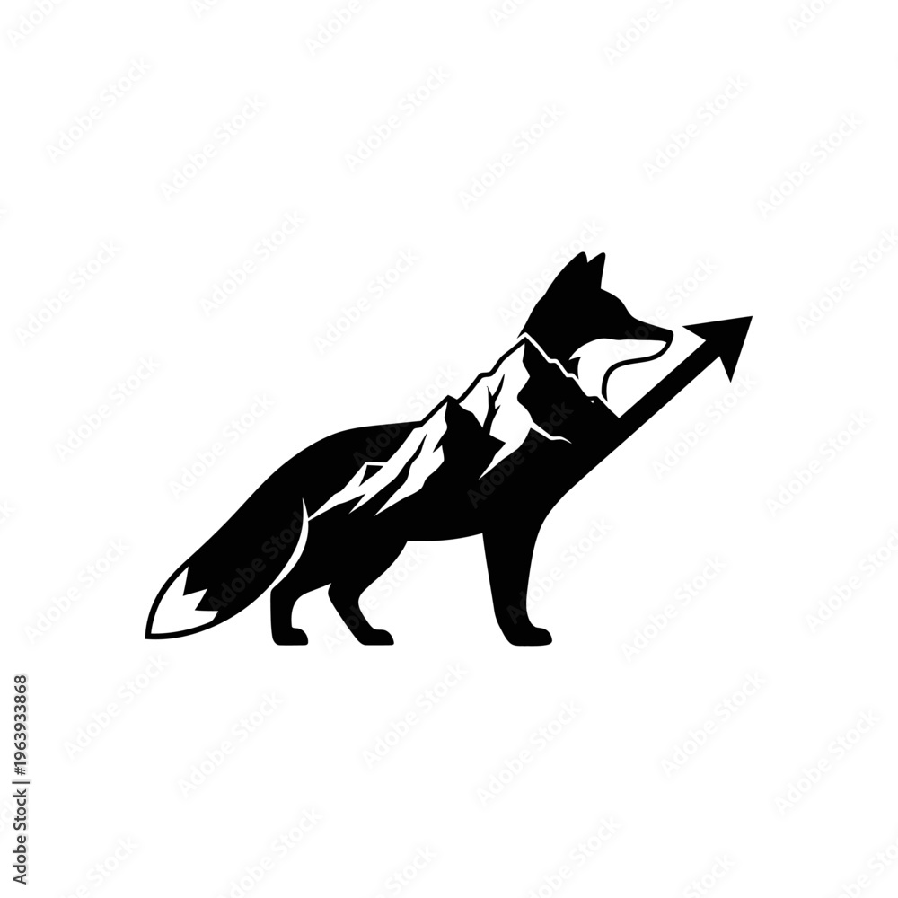 Fototapeta premium Fox Silhouette with Mountain Landscape and Upward Arrow - Symbol of Growth and Ambition