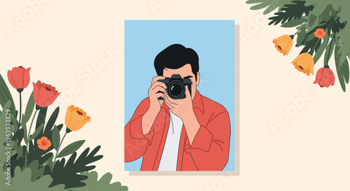 Flat Illustration of a Man Taking a Photo with a Digital Camera, Minimalist Photographer Character Design with Floral Background Elements