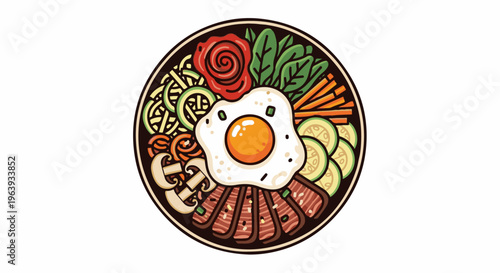 A vibrant, illustrated bowl of food featuring meat, vegetables, noodles, mushrooms, and a fried egg