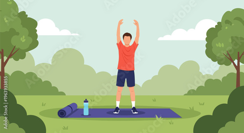 Man Exercising in Outdoor Park with Yoga Mat and Water Bottle - Flat Vector Illustration for Health and Wellness