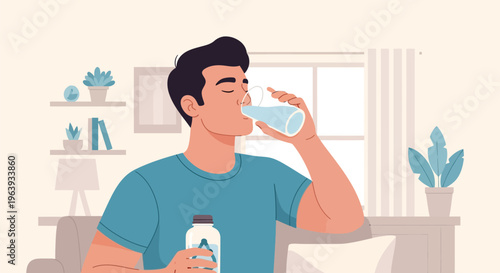 Young Man Drinking Glass of Water at Home Illustration for Healthy Lifestyle and Hydration Concept