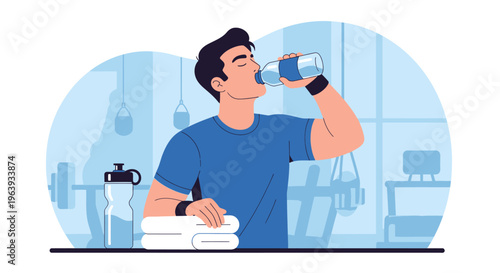 Young athletic man drinking water from a bottle after workout in gym, flat vector illustration of healthy lifestyle and hydration.
