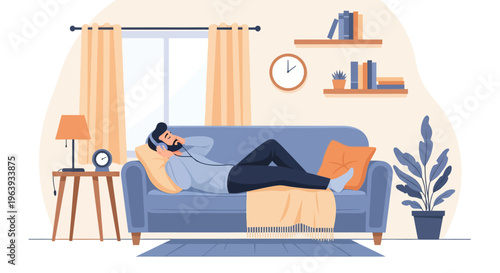 Young Man Relaxing on Sofa Listening to Music with Headphones Vector Illustration