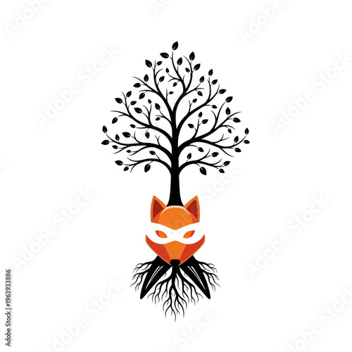 Fox Spirit Tree Logo: Mystical Nature Symbol with Roots and Branches