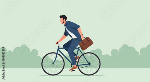 Young Professional Businessman Commuting to Work on a Bicycle, Flat Vector Illustration of Eco-Friendly Urban Transport and Active Lifestyle